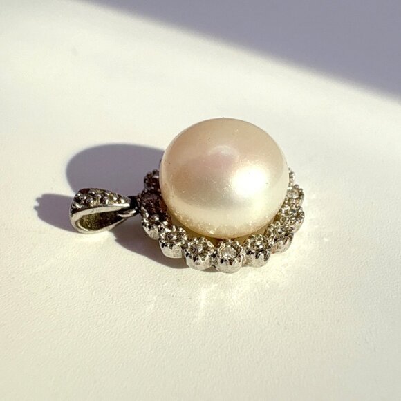 VTG Sterling Silver 925 Pearl & Diamond Halo Pendant Size 0.75" Length - Picture 3 of 8